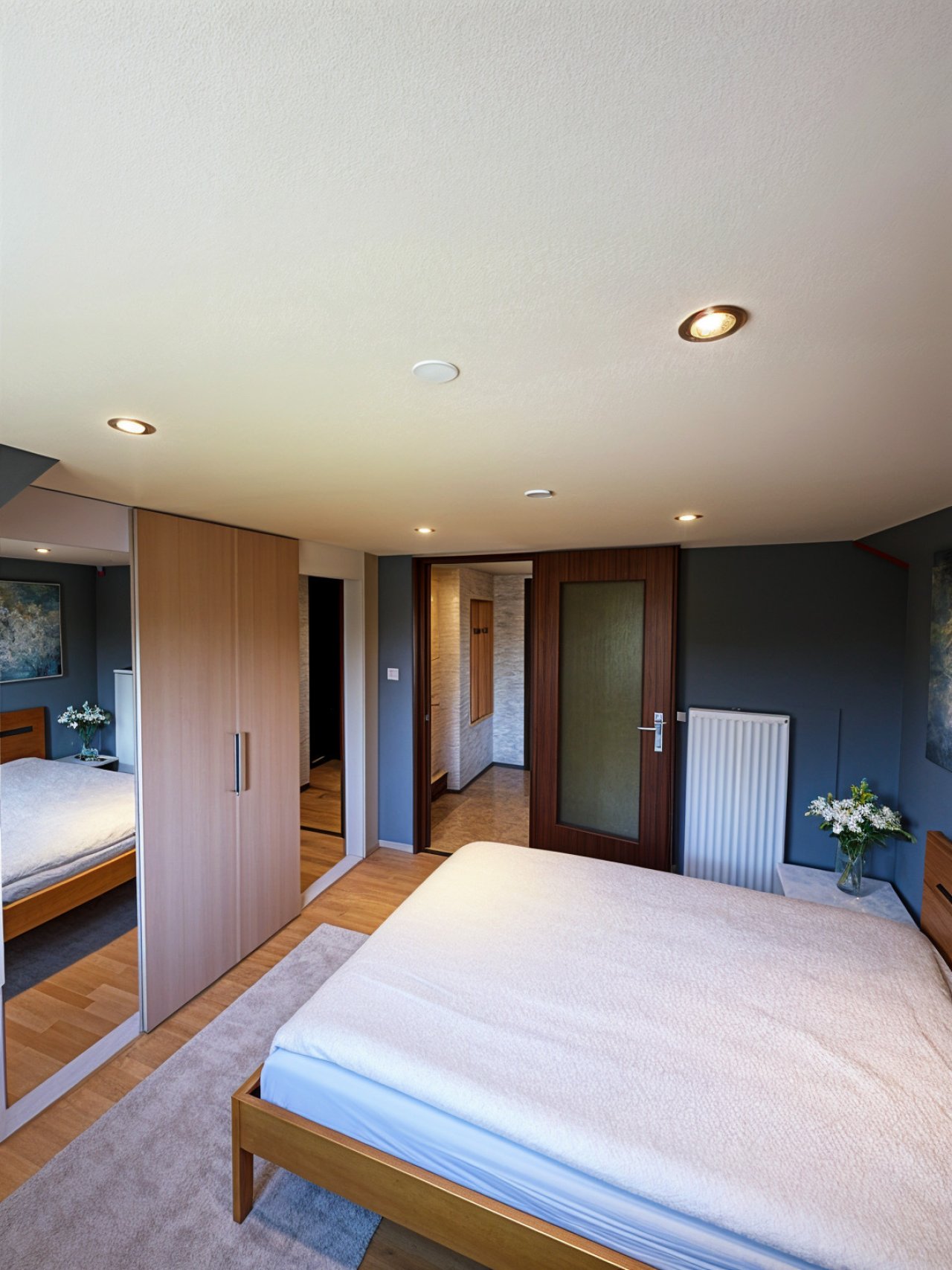 Freundliches Schlafzimmer mit Laminatboden und Tageslicht