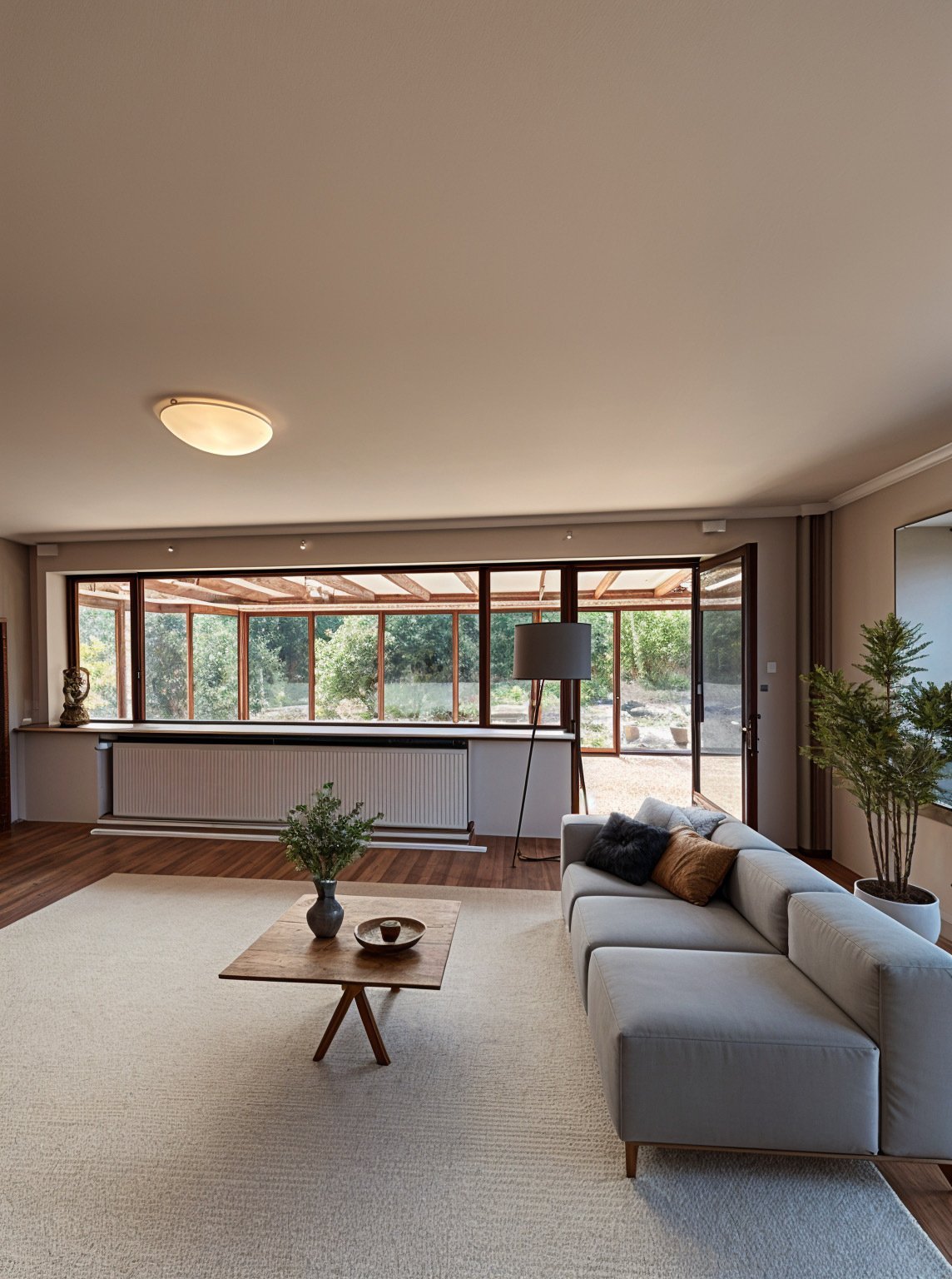 Helles Wohnzimmer mit großen Fensterfronten und direktem Zugang zum Wintergarten