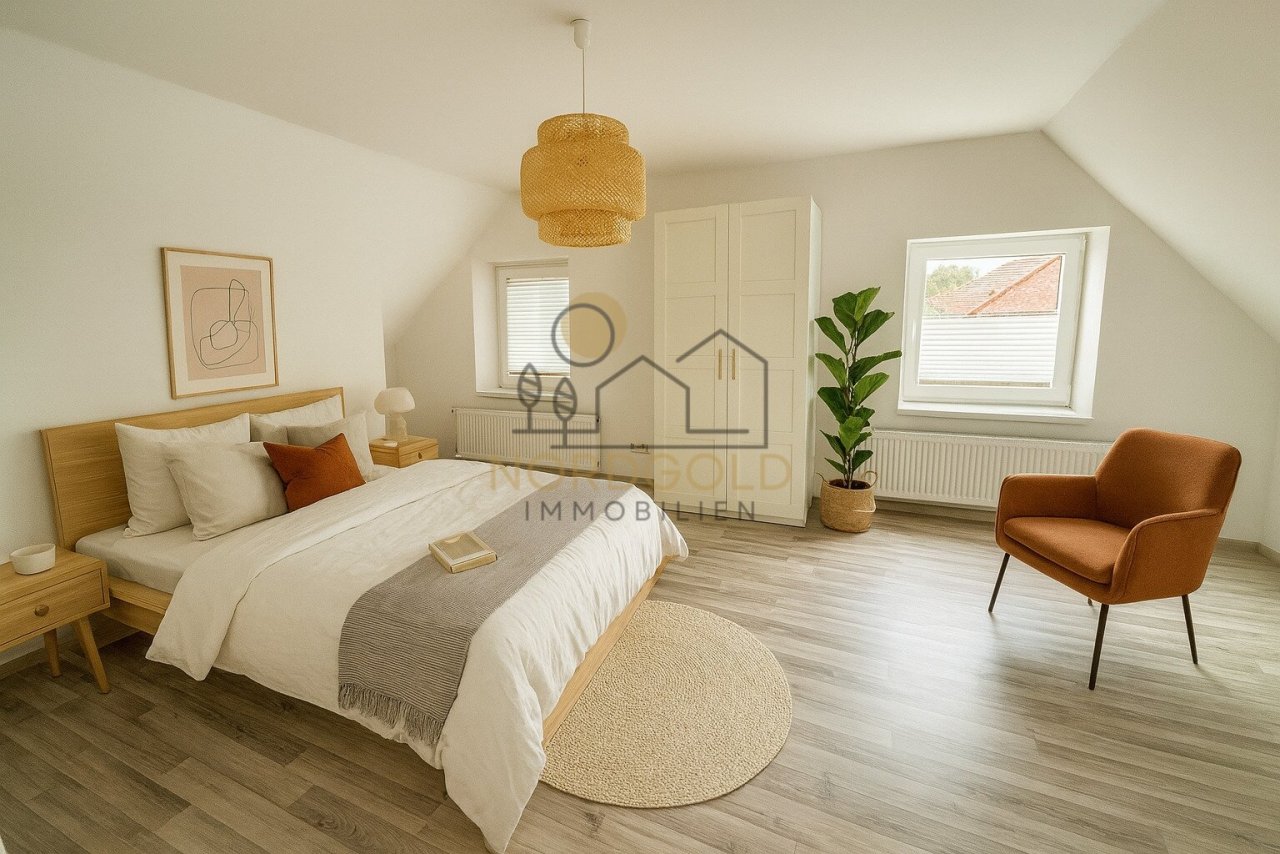 Schlafzimmer im Dachgeschoss mit warmen Akzenten Schlafzimmer im Dachgeschoss mit warmen Akzenten